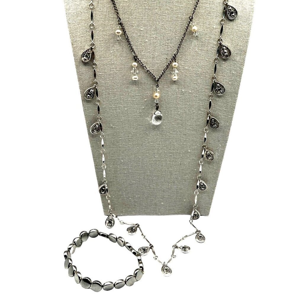 Vintage Silver Necklace & Bracelet Set With Teardrop Crystal Charm